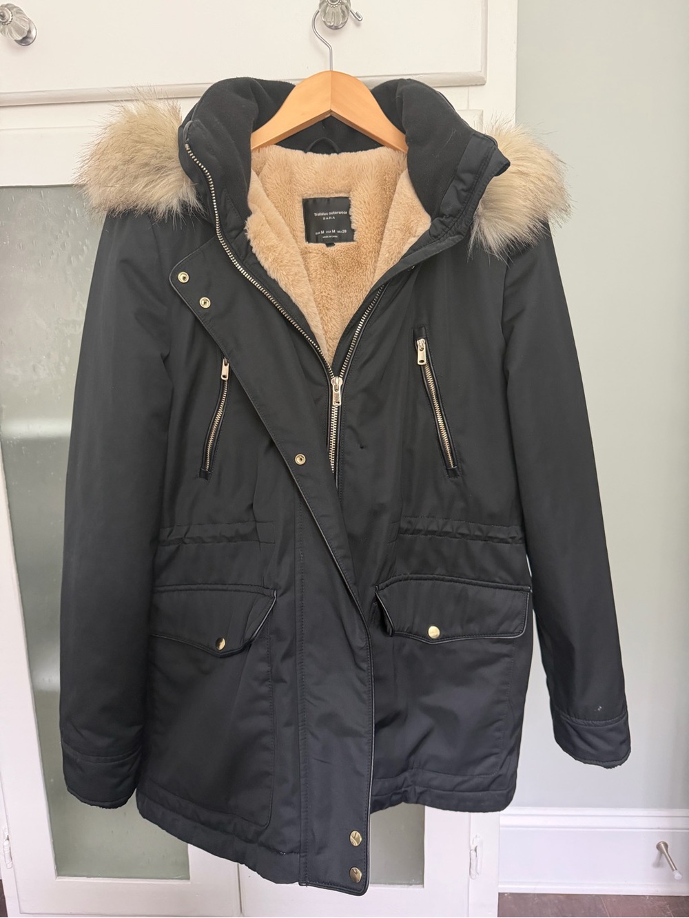 Zara Black Parka with Faux-Fur Hood and Tan Faux-Shearling Lining